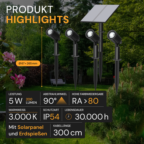 Gartenspots, IP54, 3000 K (warmweiß), 200 lm, LifePo4 Akku, monokristallines 5 W Solarpanel, flexible Montage, mit Erdspieß