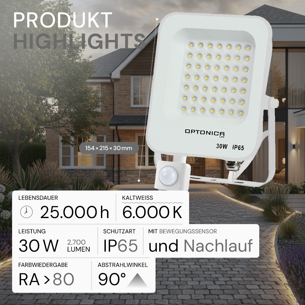 LED-Fluter, 30 W, 6000 K, IP65, Bewegungsmelder
