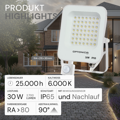 LED-Fluter, 30 W, 6000 K, IP65, Bewegungsmelder