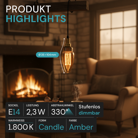 LED Filament Leuchtmittel, Vintage Dekoleuchte, Kerze C35, E14, 2.3W, 65lm, 1800K, dimmbar