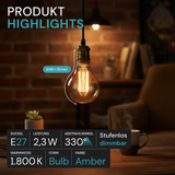 LED Filament Leuchtmittel, Vintage Dekoleuchte, Bulb A60, E27, 2.3W, 65lm, 1800K, dimmbar