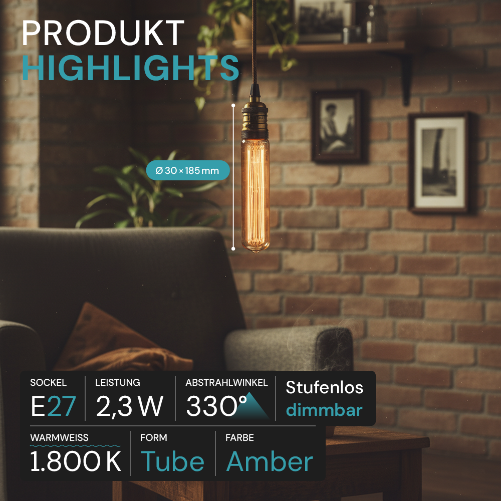 LED Filament Leuchtmittel, Vintage Dekoleuchte, Röhre T30, E27, 2.3W, 65lm, 1800K, dimmbar