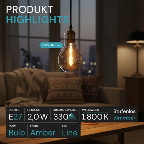LED Filament Leuchtmittel, LINE, Amber, Bulb A60, E27, 2W, 65lm, 1800K, dimmbar