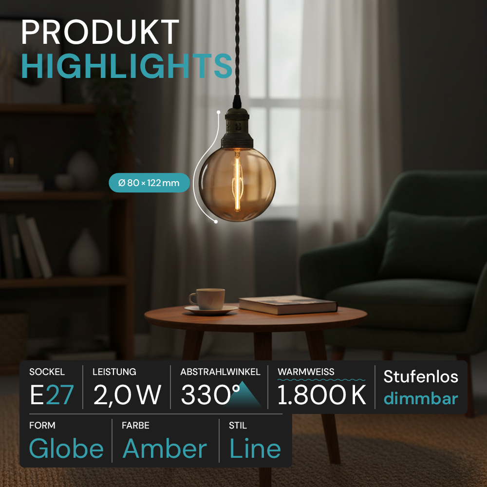 LED Filament Leuchtmittel, LINE, Amber, Globe G80, E27, 2W, 65lm, 1800K, dimmbar