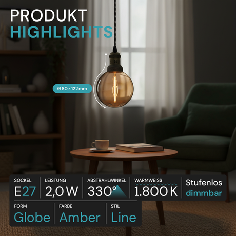 LED Filament Leuchtmittel, LINE, Amber, Globe G80, E27, 2W, 65lm, 1800K, dimmbar