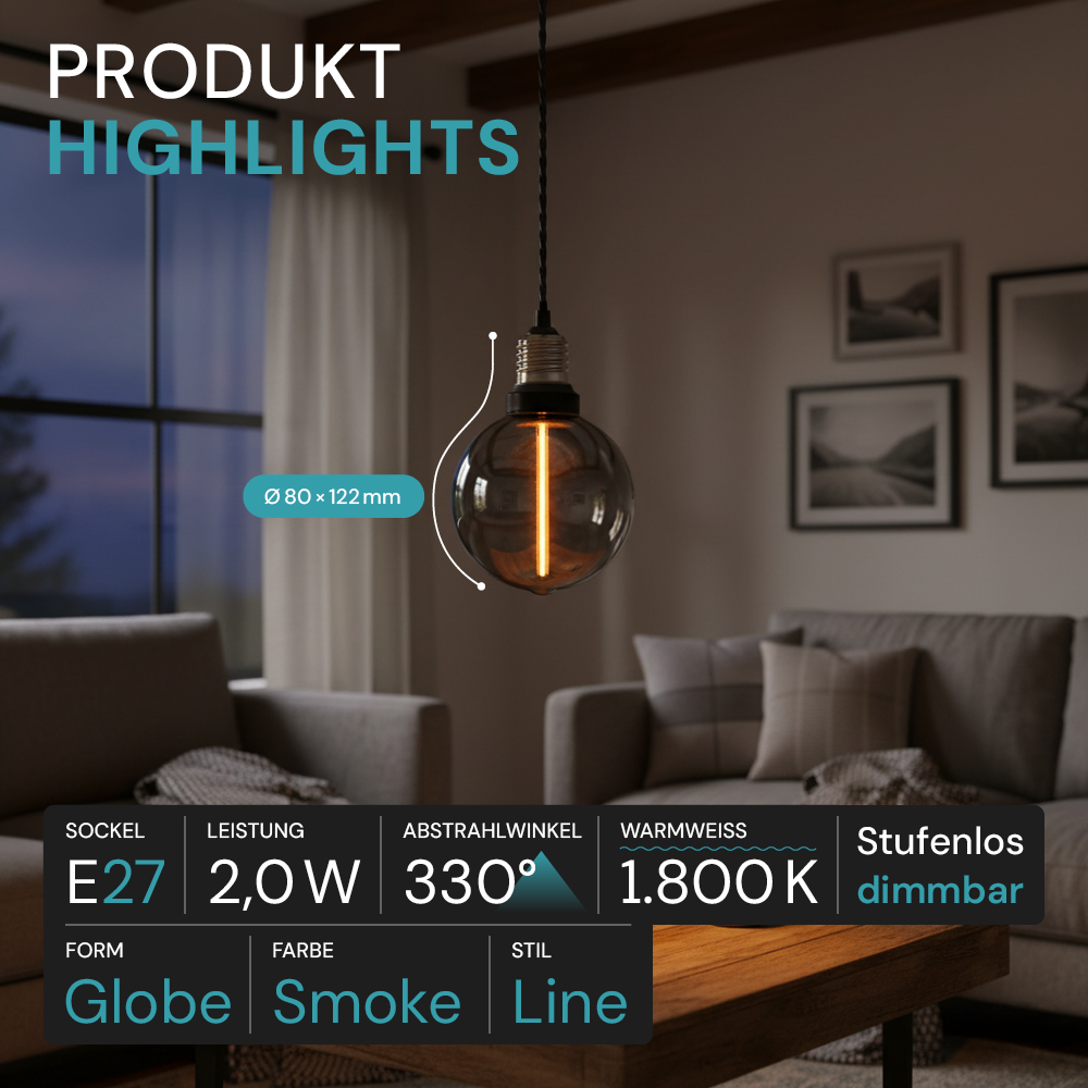LED Filament Leuchtmittel, LINE, Smoke, Globe G80, E27, 2W, 40lm, 1800K, dimmbar