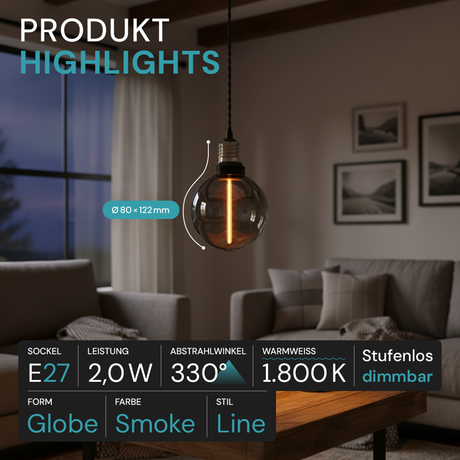 LED Filament Leuchtmittel, LINE, Smoke, Globe G80, E27, 2W, 40lm, 1800K, dimmbar