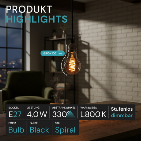 LED Filament Leuchtmittel, SPIRAL, Bulb A60, E27, 4W, 40lm, 1800K, dimmbar