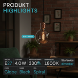 LED Filament Leuchtmittel, SPIRAL, Globe G95, E27, 4W, 40lm, 1800K, dimmbar