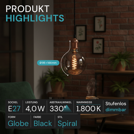 LED Filament Leuchtmittel, SPIRAL, Globe G95, E27, 4W, 40lm, 1800K, dimmbar