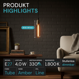 LED Filament Leuchtmittel, TUBE LINE, Amber, E27, T30, 2W, 65lm, 1800K, dimmbar