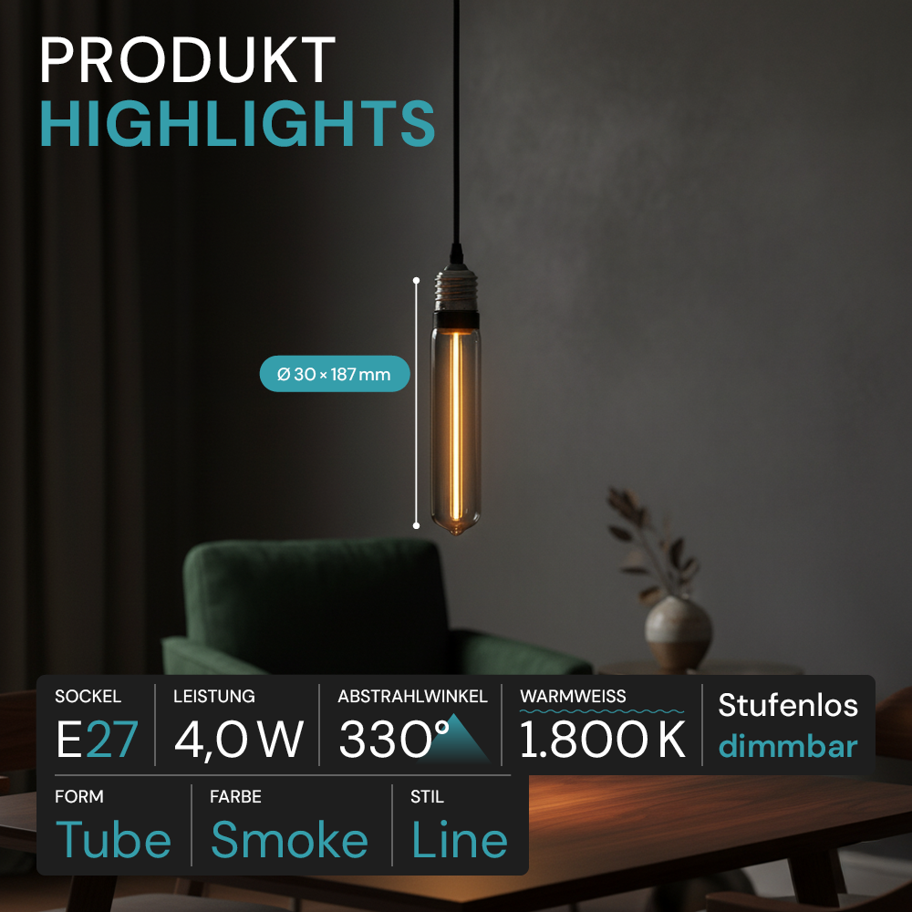 LED Filament Leuchtmittel, TUBE LINE, Smoke, E27, T30, 2W, 40lm, 1800K, dimmbar