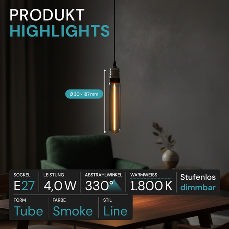 LED Filament Leuchtmittel, TUBE LINE, Smoke, E27, T30, 2W, 40lm, 1800K, dimmbar
