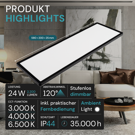LED-Panel mit Fernbedienung, 58×20 cm, schwarz, 24 W, 2200 lm, IP44 Wassergeschützt, Helligkeit und Lichtfarbe einstellbar