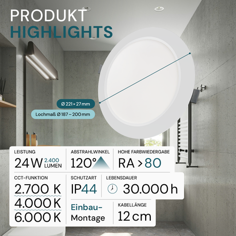 LED Einbauleuchte in Weiß, 24 W, 230 V, IP44-geschützt, 2400 lm, Lichtfarbe einstellbar, Ø295x28 mm, Einbaustrahler mit Diffusor, Badezimmer Deckenleuchte