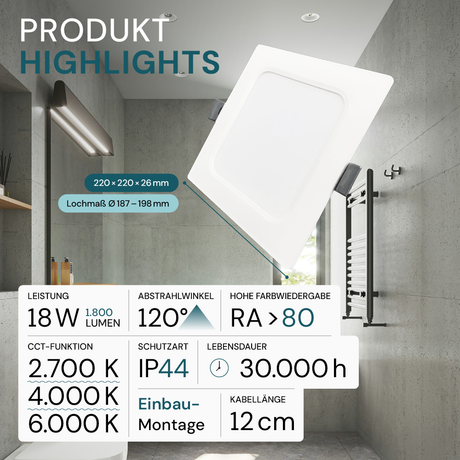 LED Einbauleuchte in Weiß, 18 W, 230 V, IP44-geschützt, 1800 lm, Lichtfarbe einstellbar, 220x26 mm, Einbaustrahler mit Diffusor, Badezimmer Deckenleuchte