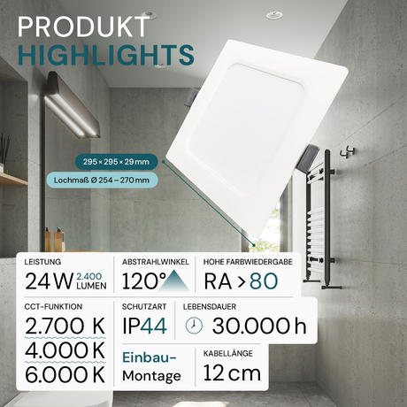 LED Einbauleuchte in Weiß, 24 W, 230 V, IP44-geschützt, 2400 lm, Lichtfarbe einstellbar, 295x29 mm, Einbaustrahler mit Diffusor, Badezimmer Deckenleuchte