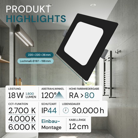 LED Einbauleuchte in Schwarz, 18 W, 230 V, IP44-geschützt, 1800 lm, Lichtfarbe einstellbar, 220x26 mm, Einbaustrahler mit Diffusor, Badezimmer Deckenleuchte