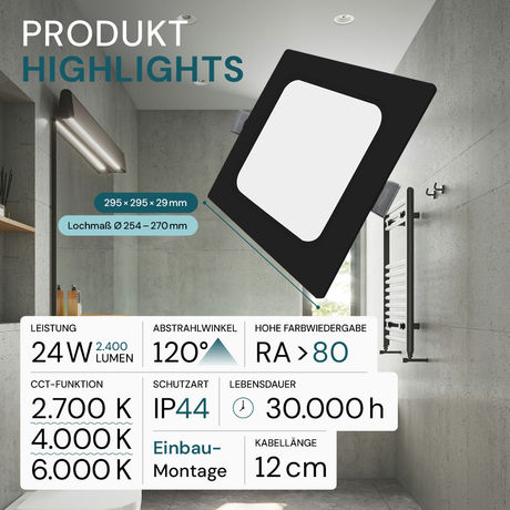 LED Einbauleuchte in Schwarz, 24 W, 230 V, IP44-geschützt, 2400 lm, Lichtfarbe einstellbar, 295x29 mm, Einbaustrahler mit Diffusor, Badezimmer Deckenleuchte