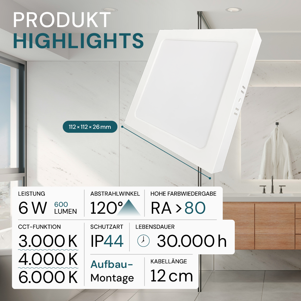 LED Aufbauleuchte in Weiß, 6 W, 230 V, IP44-geschützt, 600 lm, Lichtfarbe einstellbar, 112x26 mm, Deckenleuchte mit Diffusor, Badezimmerlampe