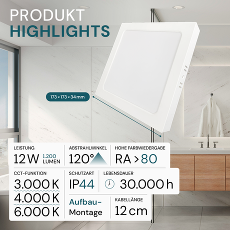 LED Aufbauleuchte in Weiß, 12 W, 230 V, IP44-geschützt, 1200 lm, Lichtfarbe einstellbar, 173x34 mm, Deckenleuchte mit Diffusor, Badezimmerlampe