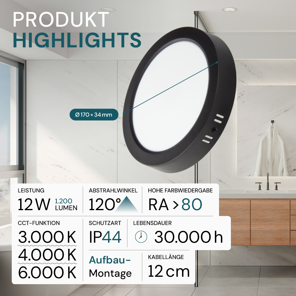 LED Aufbauleuchte in Schwarz, 12 W, 230 V, IP44-geschützt, 1200 lm, Lichtfarbe einstellbar, Ø170x34 mm, Deckenleuchte mit Diffusor, Badezimmerlampe