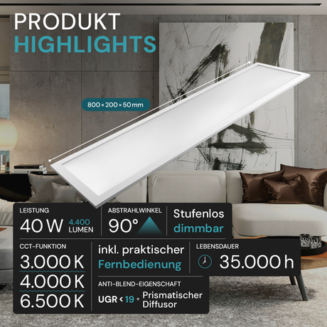 LUXULA LITEQ 80, LED-Panel mit Fernbedienung, 80×20 cm, weiß, 40 W, 4400 lm, UGR<19, Helligkeit und Lichtfarbe einstellbar