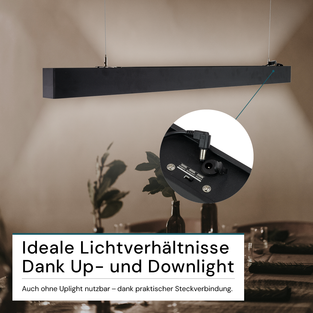 LED Büro-/Tresenleuchte Up&Down, schwarz, 120 cm, 30 W, 3600 lm, UGR<19, 3000-6500 K (CCT), LIFUD Netzteil, erweiterbar, Aluminium