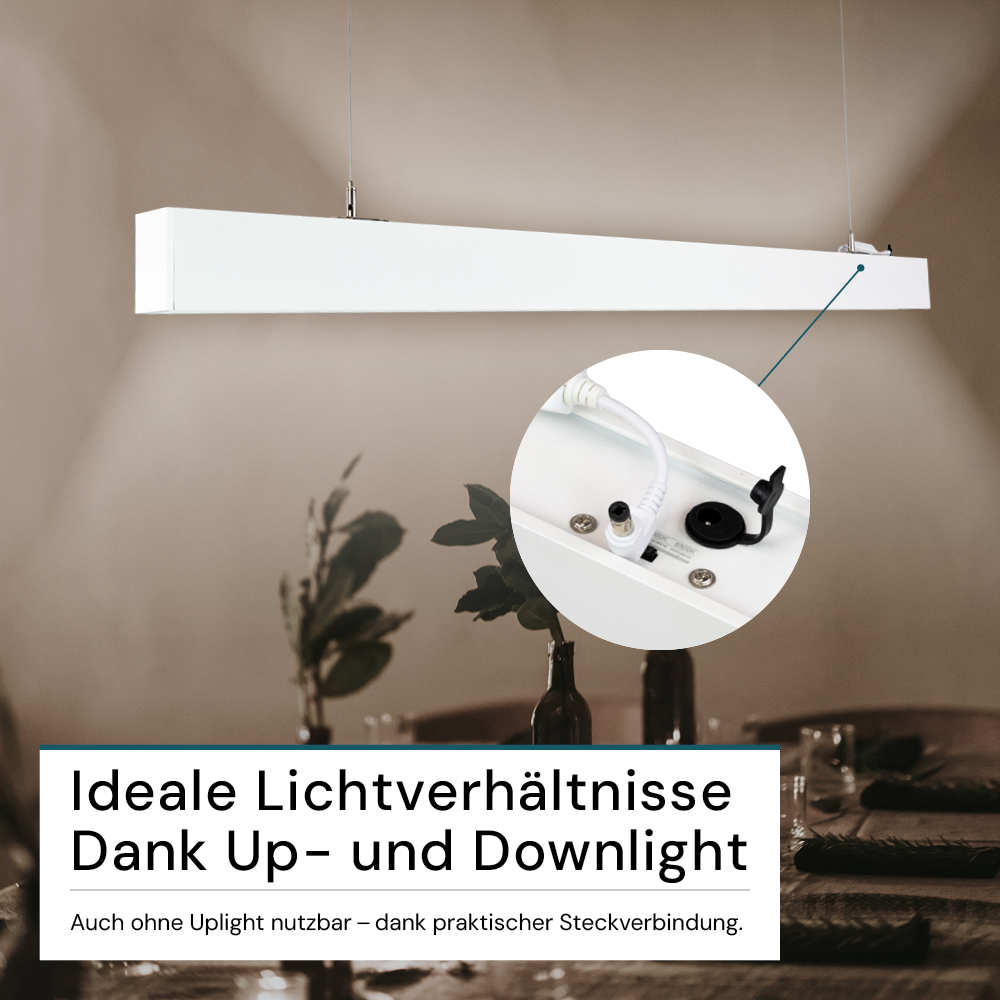 LED Büro-/Tresenleuchte Up&Down, weiß, 120 cm, 30 W, 3600 lm, UGR<19, 3000-6500 K (CCT), LIFUD Netzteil, erweiterbar, Aluminium