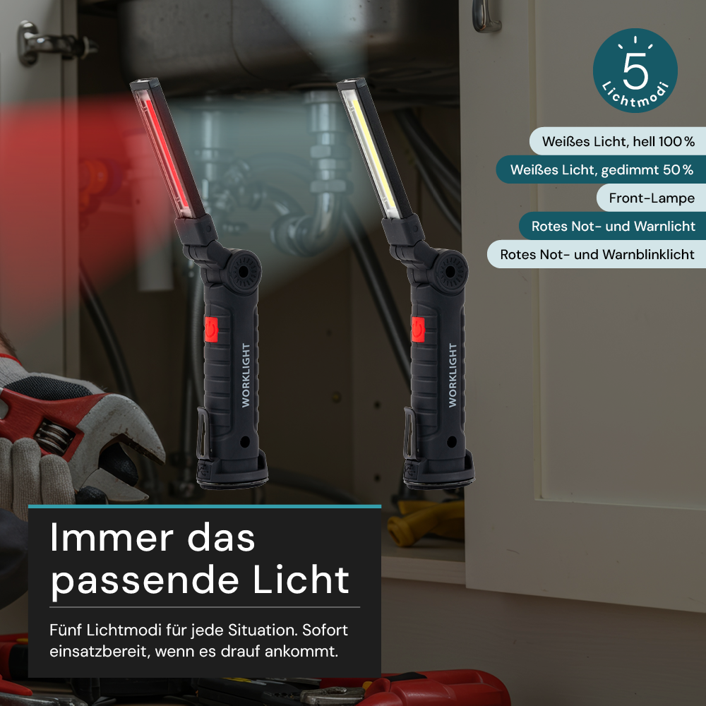 LED-Arbeitsleuchte mit Akku, 5 Lichtmodi, 11 cm, mit Magnet und Haken, USB-aufladbar, drehbare Taschenlampe, Inspektionsleuchte