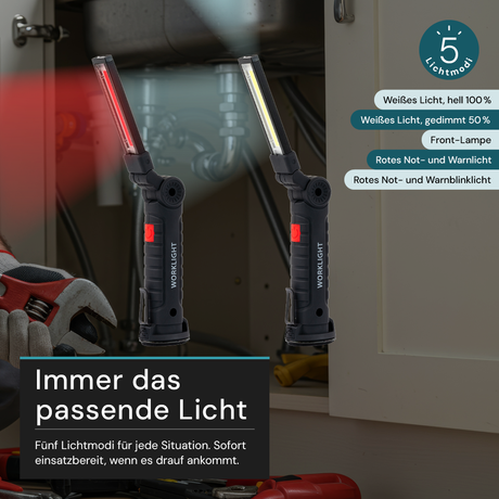 LED-Arbeitsleuchte mit Akku, 5 Lichtmodi, 11 cm, mit Magnet und Haken, USB-aufladbar, drehbare Taschenlampe, Inspektionsleuchte.