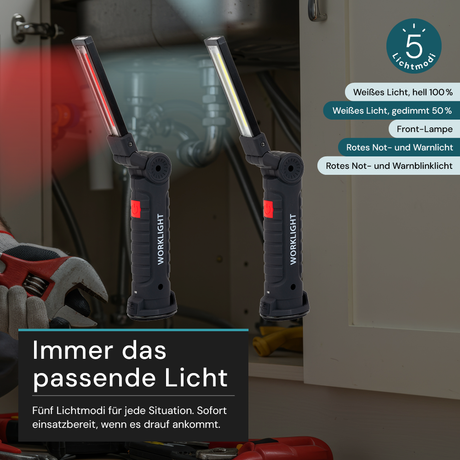 LED-Arbeitsleuchte mit Akku, 5 Lichtmodi, 14 cm, mit Magnet und Haken, USB-aufladbar, drehbare Taschenlampe, Inspektionsleuchte.
