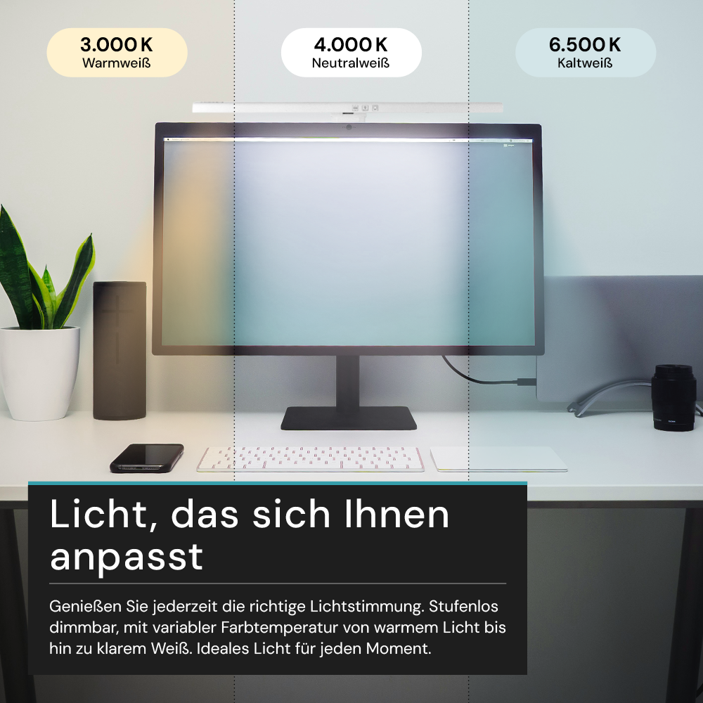 Monitor Lampe in Weiß, Touch Control, 50 cm, 5 W Leistung, Lichtfarbe und Helligkeit einstellbar, Bildschirmlampe