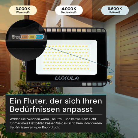 LED CCT Fluter, 50 W, 3000-6500 K (warm-, neutral-, kaltweiß), 5000 lm, schwarz, IP65.