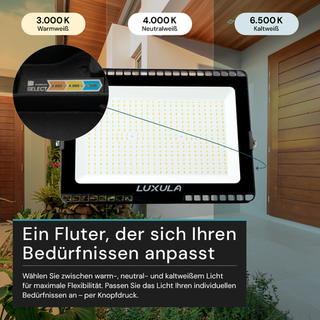 LED CCT Fluter, 200 W, 3000-6500 K (warm-, neutral-, kaltweiß), 20000 lm, schwarz, IP65.
