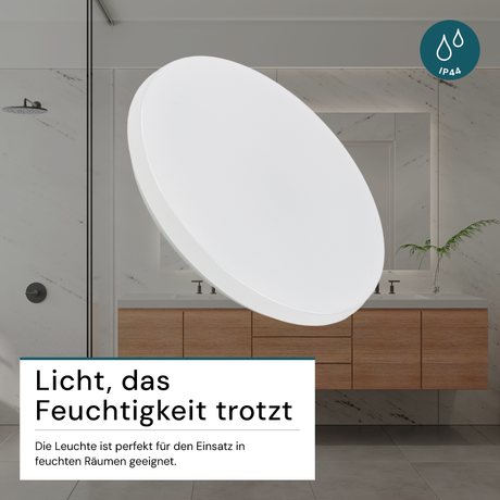 LED Deckenlampe, rund, 12 W, 1200 lm, 3000 K (warmweiß), Ø25 cm, IP44-wassergeschützt, Quick Connector, moderne Leuchte, Badezimmer Lampe.