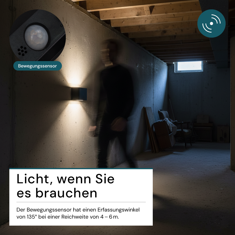 LED Akku Wandleuchte mit Bewegungssensor, Up- & Downlight, Lichtfarbe und Helligkeit einstellbar, mit Fernbedienung, schwarz, wiederaufladbar, Innenbereich