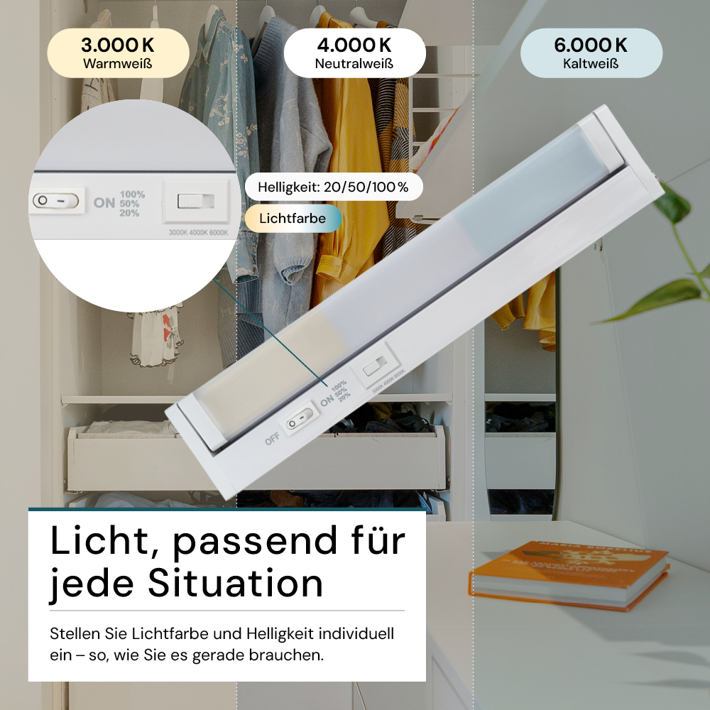 LED-Unterbauleuchte, schwenkbar, mit Schalter, 30 cm, 4 W, 400 lm, einstellbare Lichtfarbe, dimmbar, erweiterbar, Küchen- und Schrankbeleuchtung