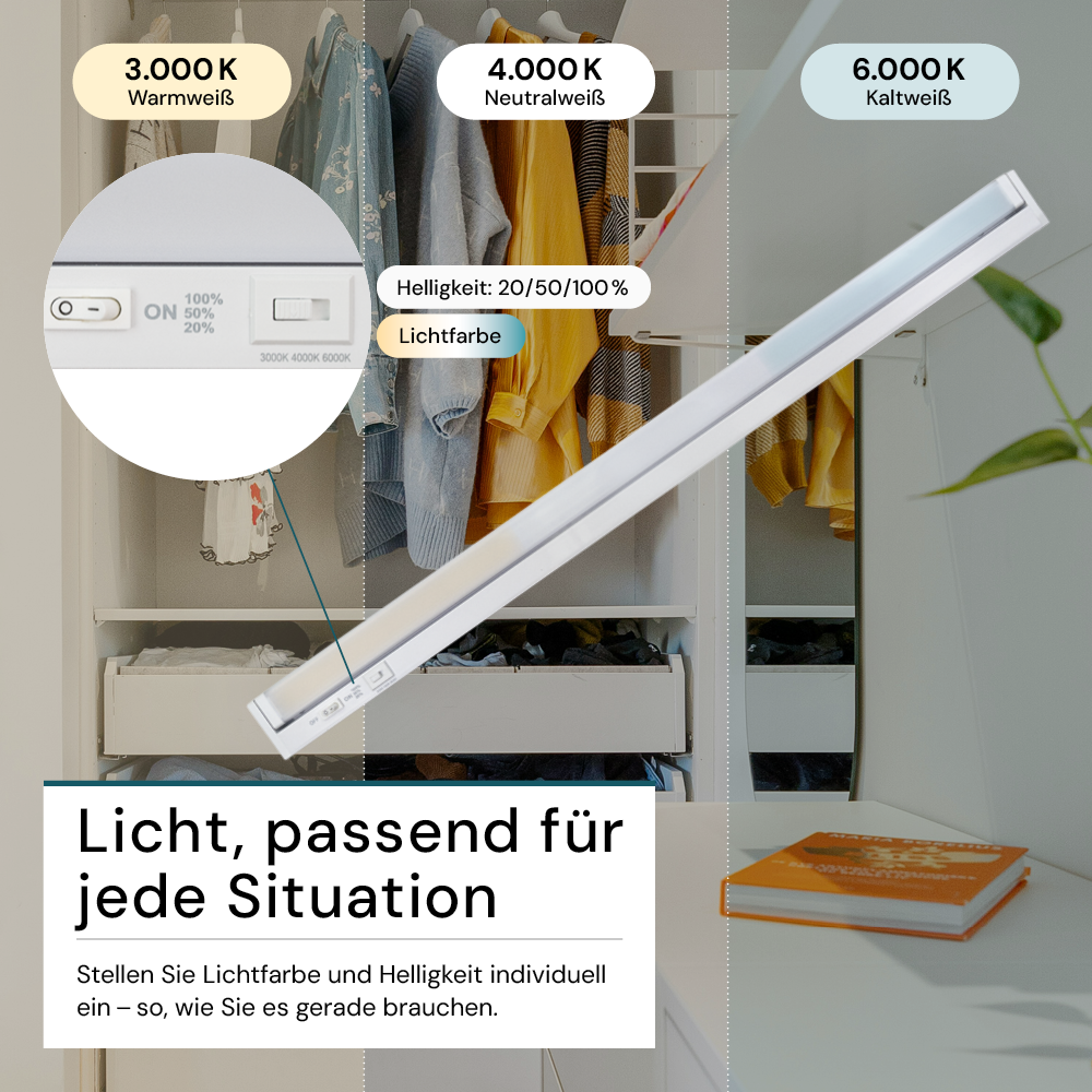 LED-Unterbauleuchte, schwenkbar, mit Schalter, 84 cm, 12 W, 1200 lm, einstellbare Lichtfarbe, dimmbar, erweiterbar, Küchen- und Schrankbeleuchtung