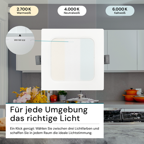 LED Einbauleuchte in Weiß, 18 W, 230 V, IP44-geschützt, 1800 lm, Lichtfarbe einstellbar, 220x26 mm, Einbaustrahler mit Diffusor, Badezimmer Deckenleuchte