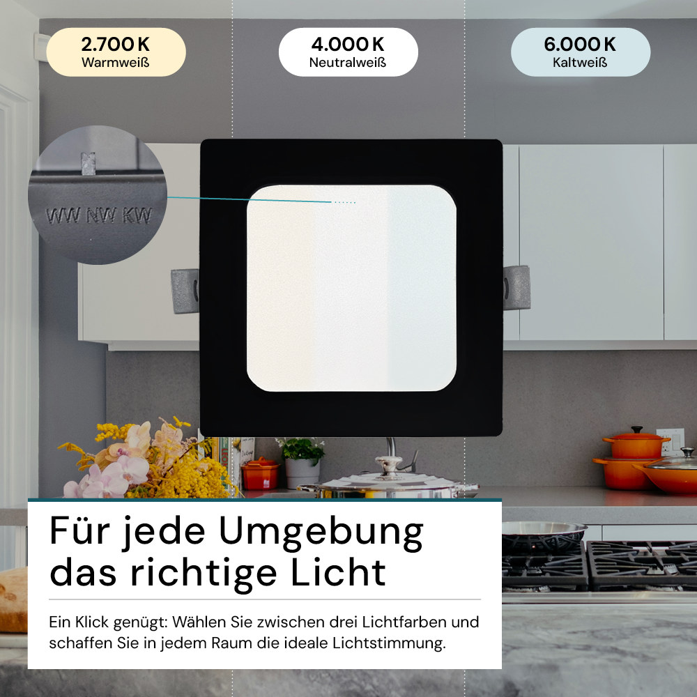 LED Einbauleuchte in Schwarz, 12 W, 230 V, IP44-geschützt, 1200 lm, Lichtfarbe einstellbar, 173x26 mm, Einbaustrahler mit Diffusor, Badezimmer Deckenleuchte