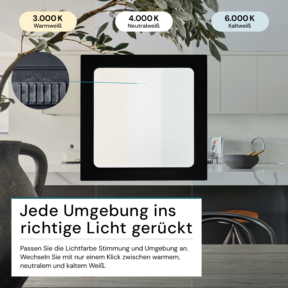 LED Aufbauleuchte in Schwarz, 6 W, 230 V, IP44-geschützt, 600 lm, Lichtfarbe einstellbar, 112x26 mm, Deckenleuchte mit Diffusor, Badezimmerlampe