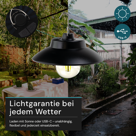 LED Hängeleuchte mit Solar & USB-C Ladung, 200 lm, 3000 K (warmweiß), Dimmbar, IP54 Wetterfest, Retro Hängelampe für Garten, Terrasse, Balkon, Campingleuchte