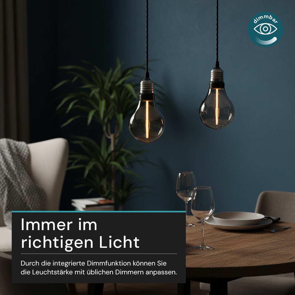 LED Filament Leuchtmittel, LINE, Smoke, Bulb A60, E27, 2W, 40lm, 1800K, dimmbar