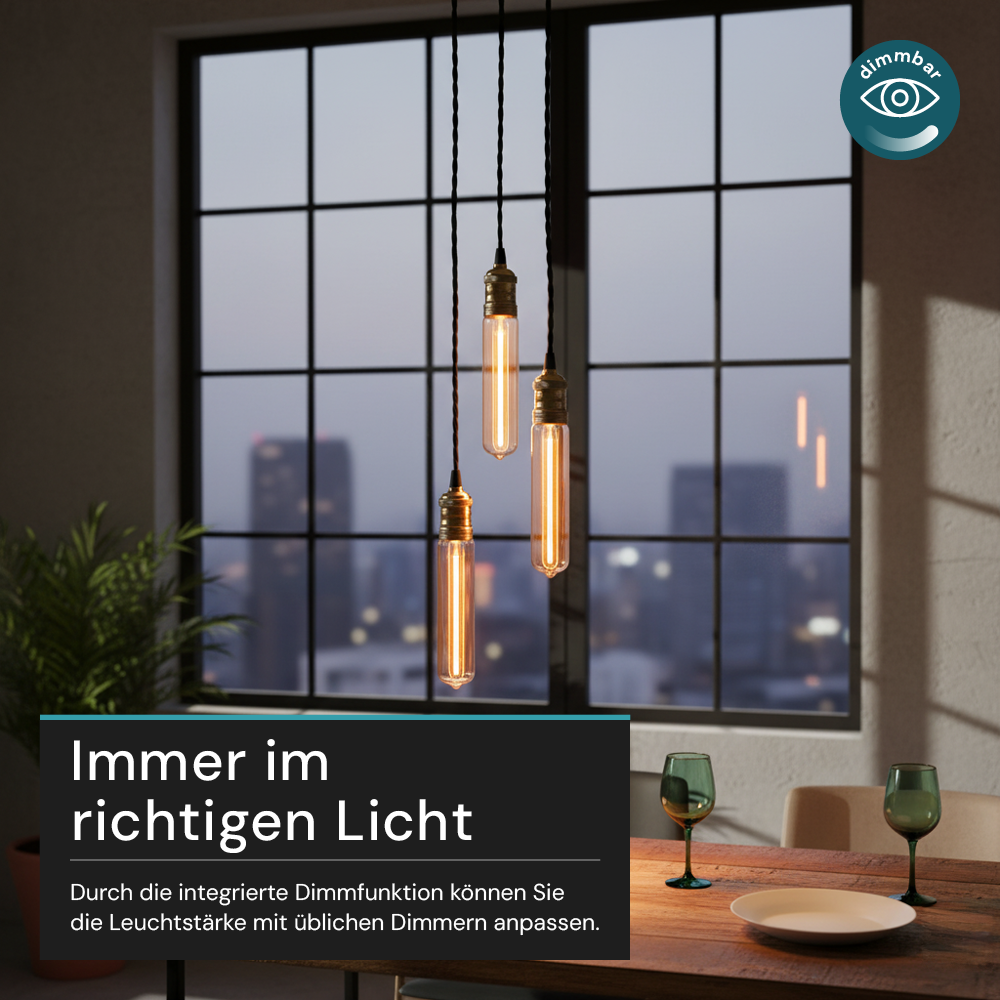 LED Filament Leuchtmittel, TUBE LINE, Amber, E27, T30, 2W, 65lm, 1800K, dimmbar