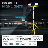 LED Baustrahler mit Teleskop-Stativ, 2x 30 W, 4000 K (neutralweiß), 6000 lm, IP65, Schutzkontaktstecker, Ein/Aus-Schalter