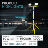 LED Baustrahler mit Stativ, 2x 50 W, 4000 K (neutralweiß), 10000 lm, IP65, Schutzkontaktstecker, Ein/Aus-Schalter