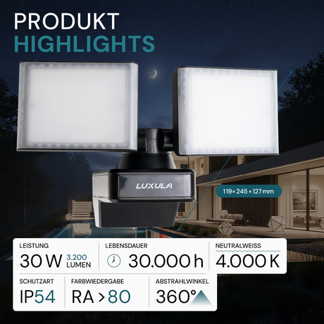 Schwenkbarer LED Fluter, 2-köpfig, 2x 15 W, 3200 lm, 4000 K (neutralweiß), IP54, flexibler Strahler, Aluminiumguss, Wandleuchte