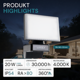 Schwenkbarer LED Fluter, 20 W, 2100 lm, 4000 K (neutralweiß), IP54, flexibler Strahler, Aluminiumdruckguss, Wandleuchte