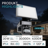 Schwenkbarer LED Fluter mit Bewegungsmelder, 20 W, 2100 lm, 4000 K (neutralweiß), IP54, flexibler Strahler, Aluminiumdruckguss, Wandleuchte